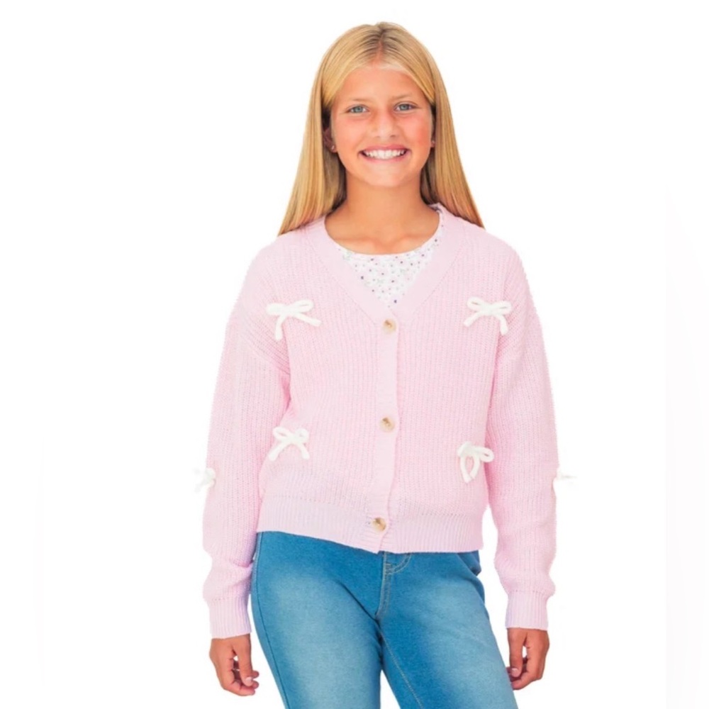 Paper Doll Girls Pink Bow Cardigan Set L 14/16 Youth 2pc NWT